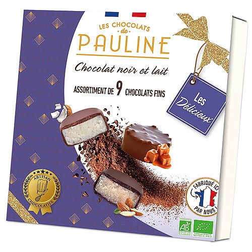 Chokolade Gaveæske med Kokos, Marcipan og Karamel Økologisk - 9 stk - Pauline